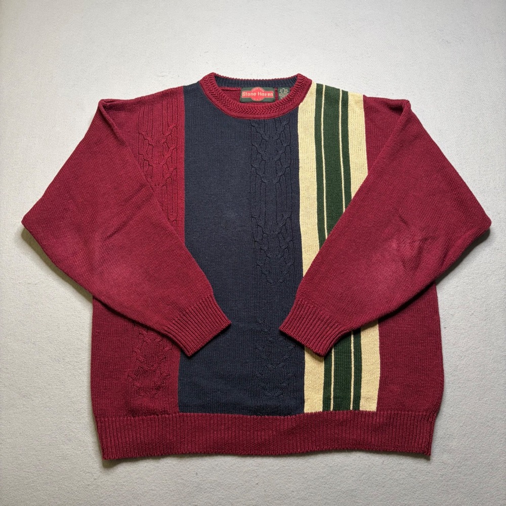 Stone Haven Sweater Mens XL Multi Colorblock Vintage 90s Cable Knit Ramie Cotton